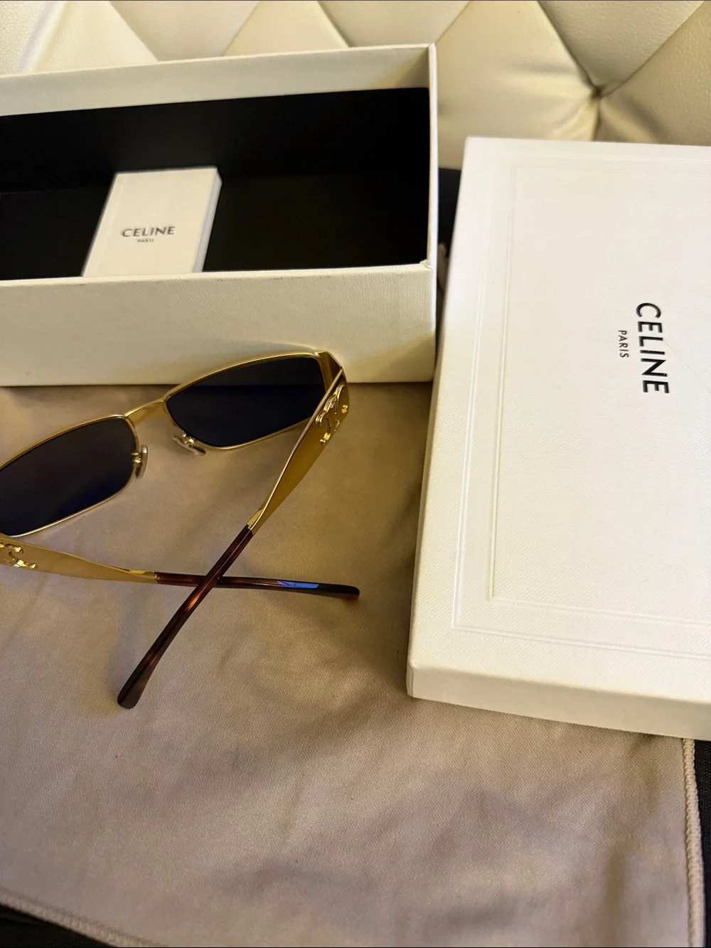 Gold “Celine”Baroque Rectangular Sunglasses with Black Lenses